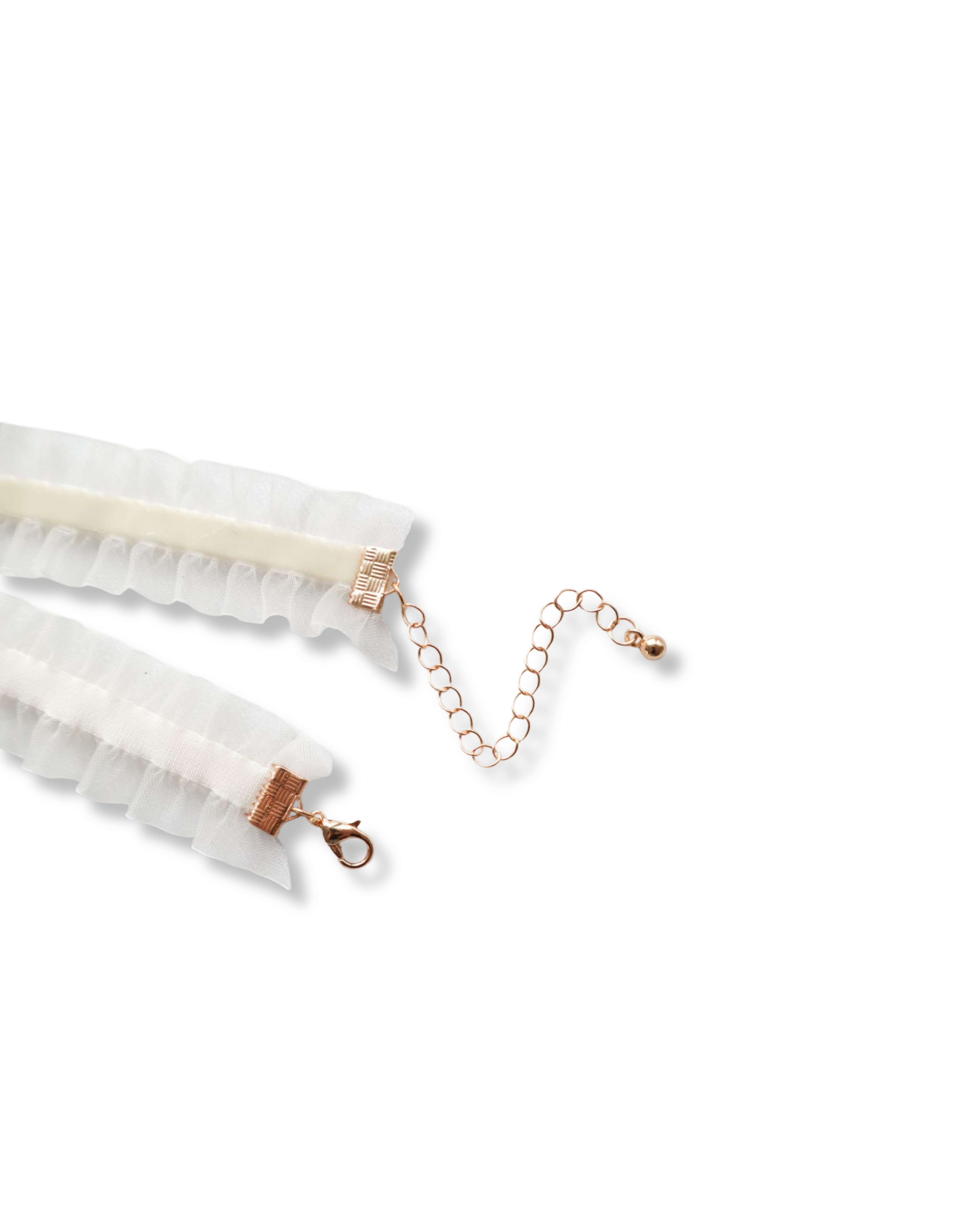 White lace trim with rose gold clips for a choker on a white background
