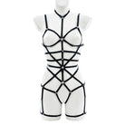 Full body view of black bondage harness with multiple elastic straps, silver rings, and adjustable chest and leg loops – displayed on mannequin