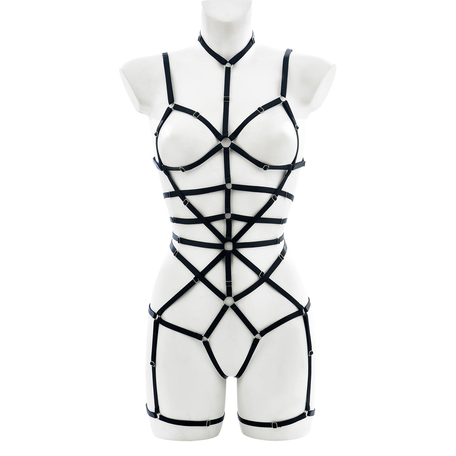 Full body view of black bondage harness with multiple elastic straps, silver rings, and adjustable chest and leg loops – displayed on mannequin