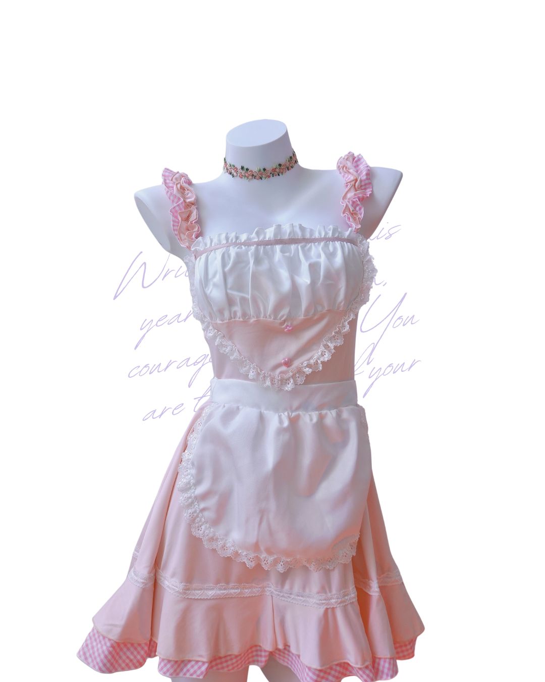Blush Sugarmaid pink lace nightdress set displayed on mannequin with white apron and ruffled straps