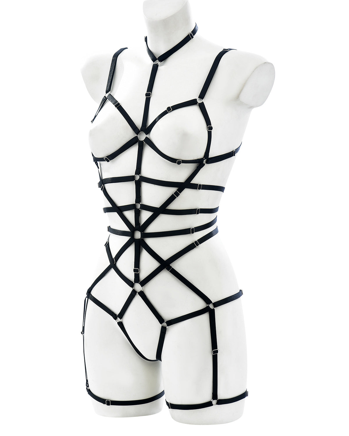 black strappy lingerie harness showing elastic waist, thong cut, and adjustable shoulder and leg straps – soft bondage style