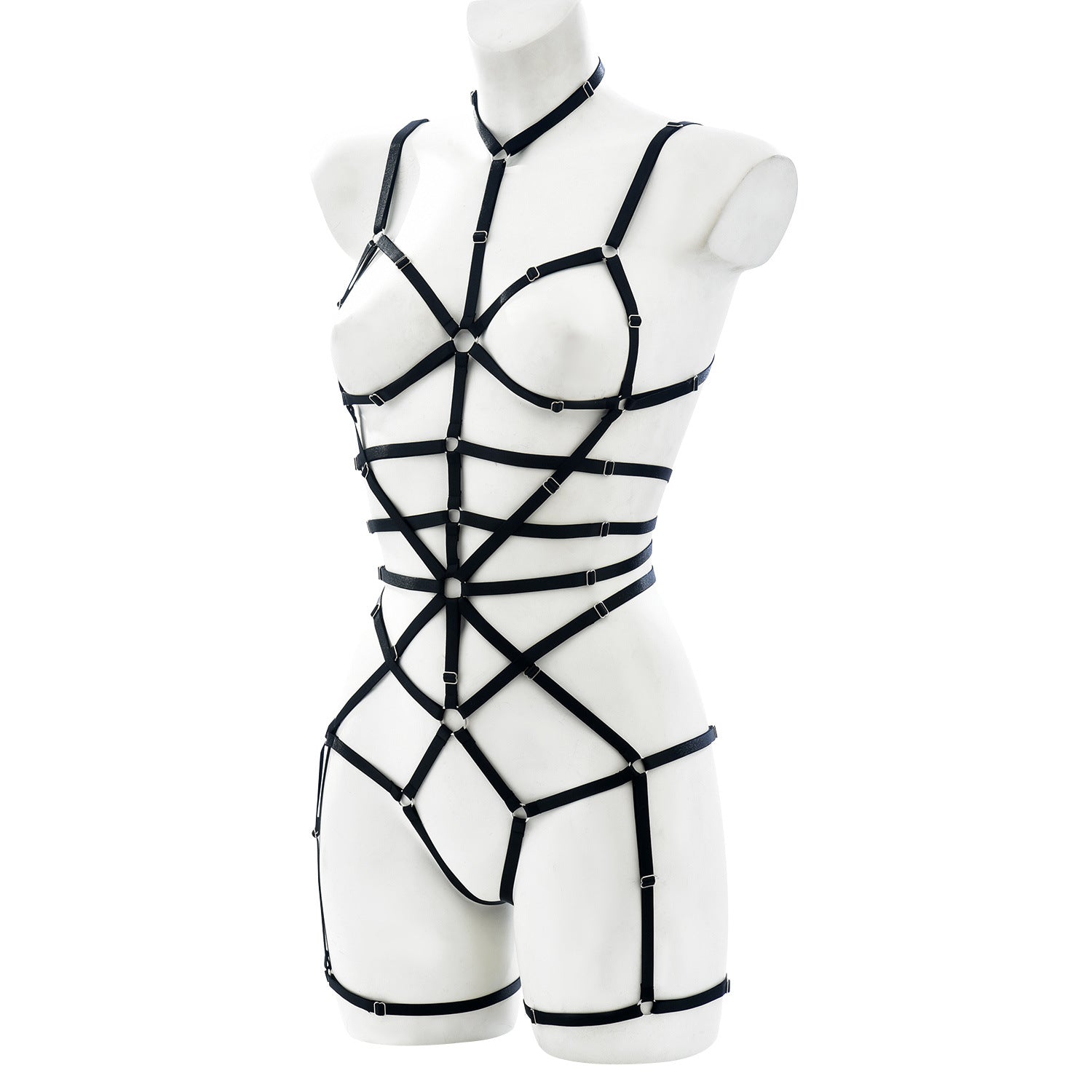 black strappy lingerie harness showing elastic waist, thong cut, and adjustable shoulder and leg straps – soft bondage style