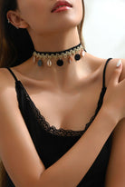 Vintage Black Lace Choker with Gold Trim and Shell Pendants