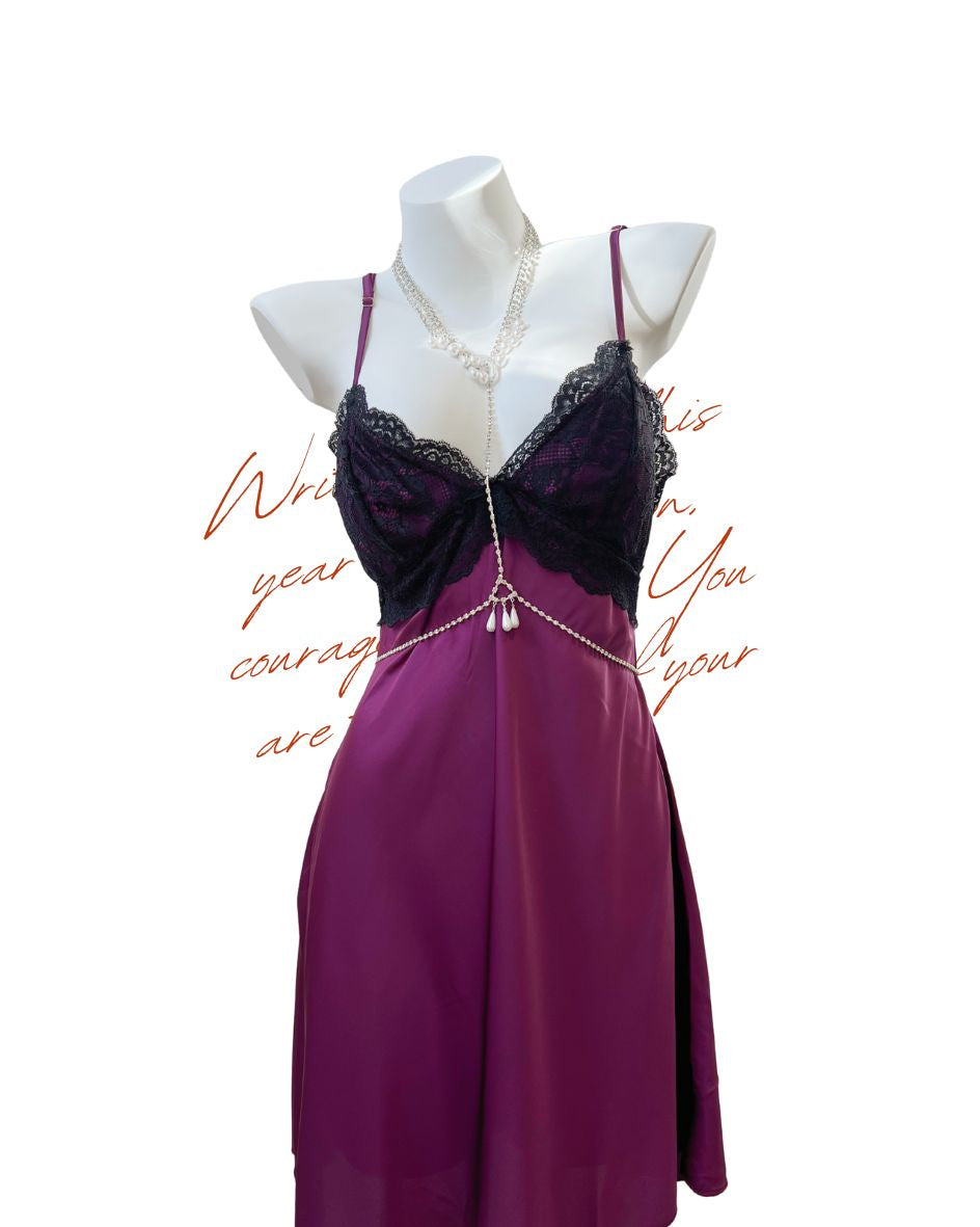 Front view of Crushed Berries nightdress with black lace bust and silver body chain, styled on mannequin against minimal white background.