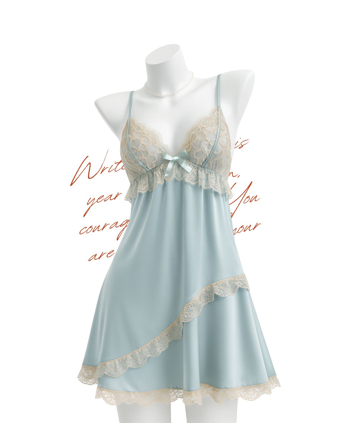 Light blue nightgown with lace details on a mannequin against a white background.