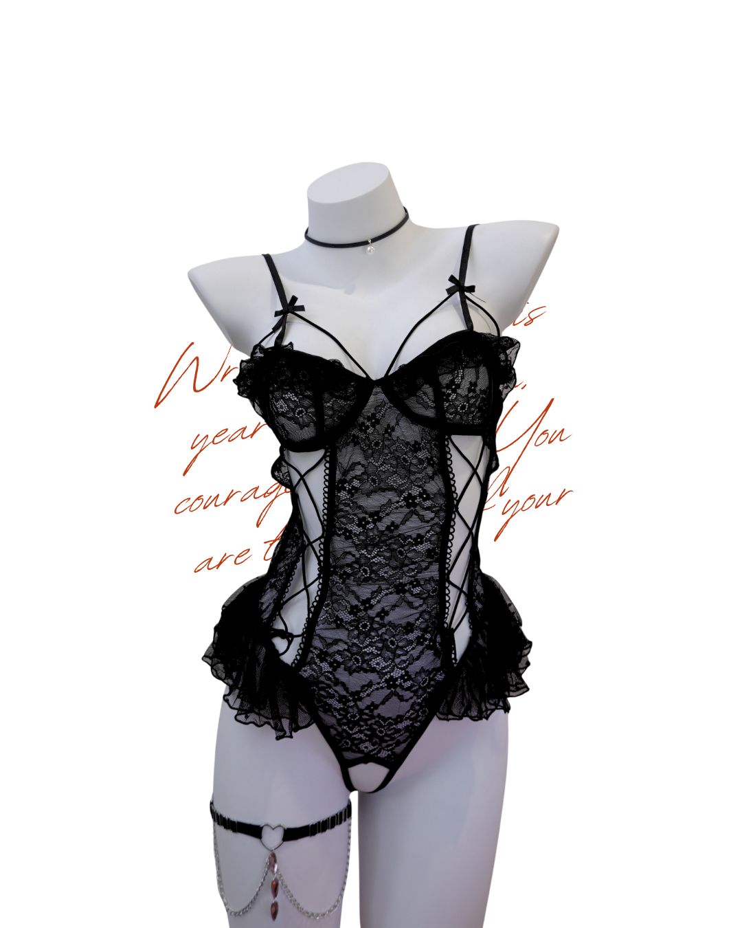 Black lace lingerie set on a mannequin with decorative text on a white background