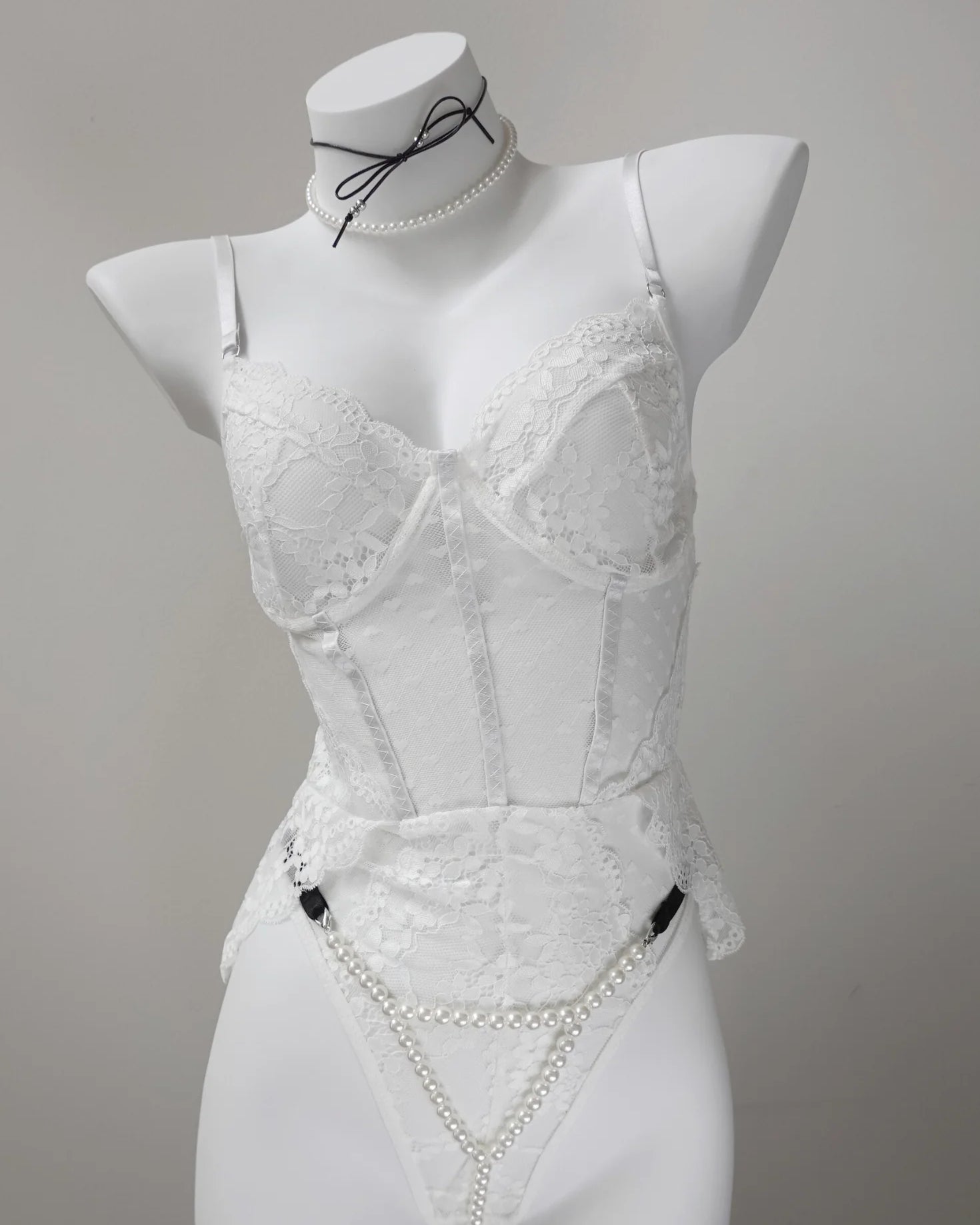 Pearl Illusion Thong with white lace bodysuit