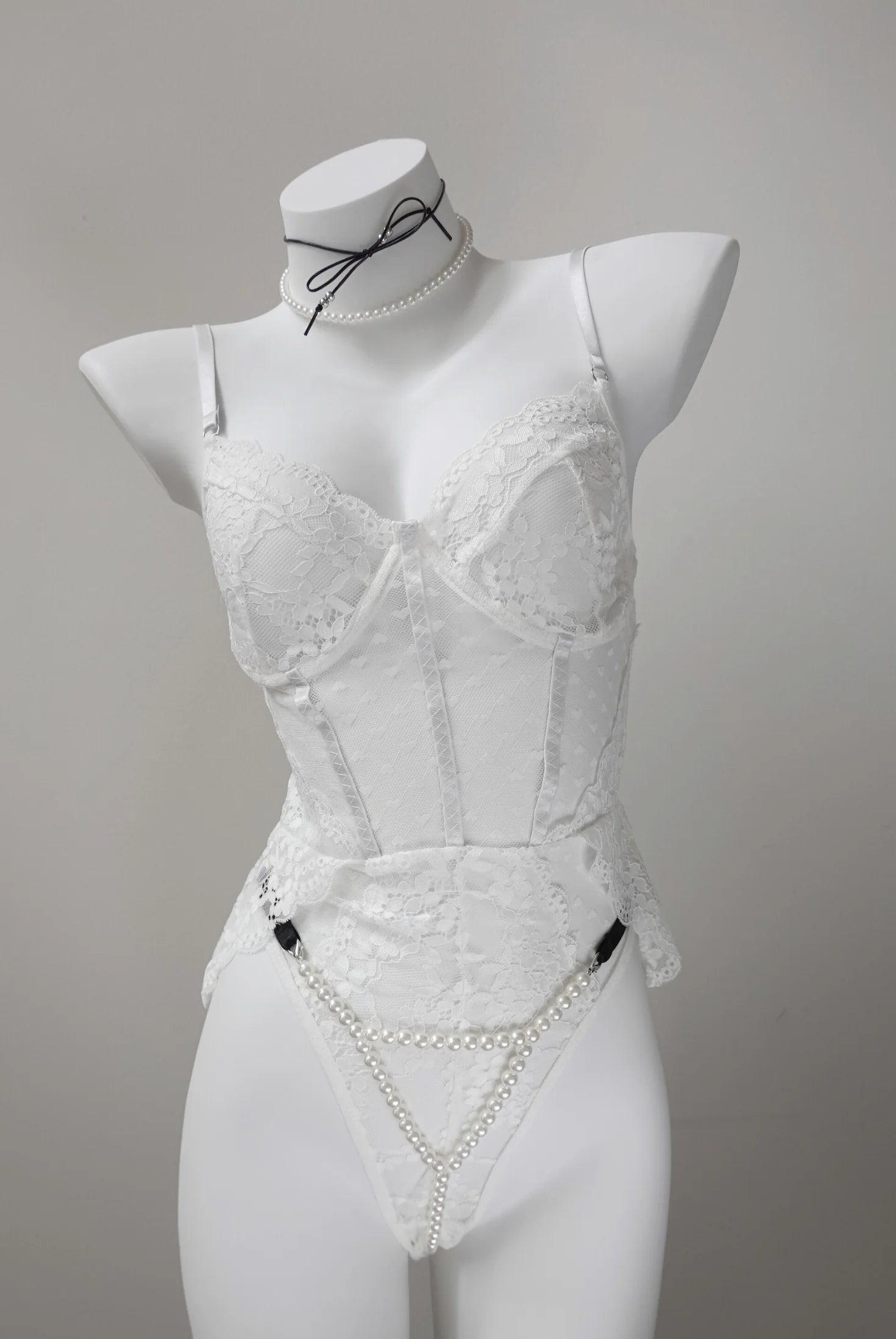 Pearl Illusion Thong with white lace bodysuit