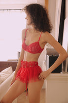 Close-up of lace embroidery and delicate red bow on sheer lingerie bra by FairyBerry