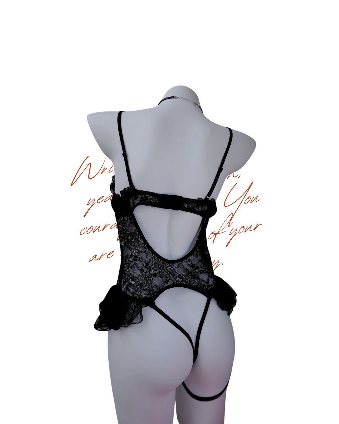 Black lace lingerie set on a mannequin against a white background with red text.