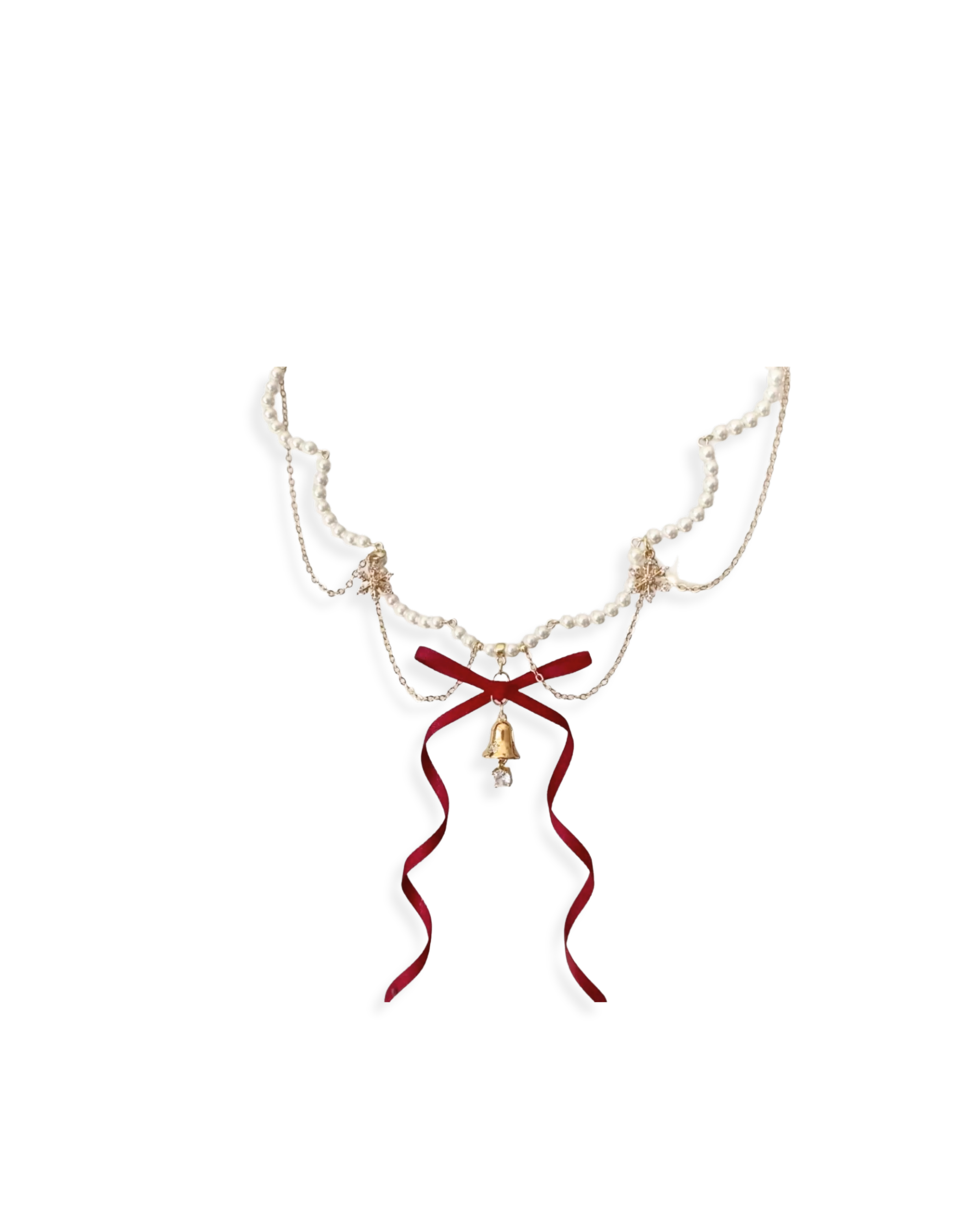 Noellette Choker with red satin ribbon, gold bell charm, and layered pearl chains, featuring a soft Christmas vibe