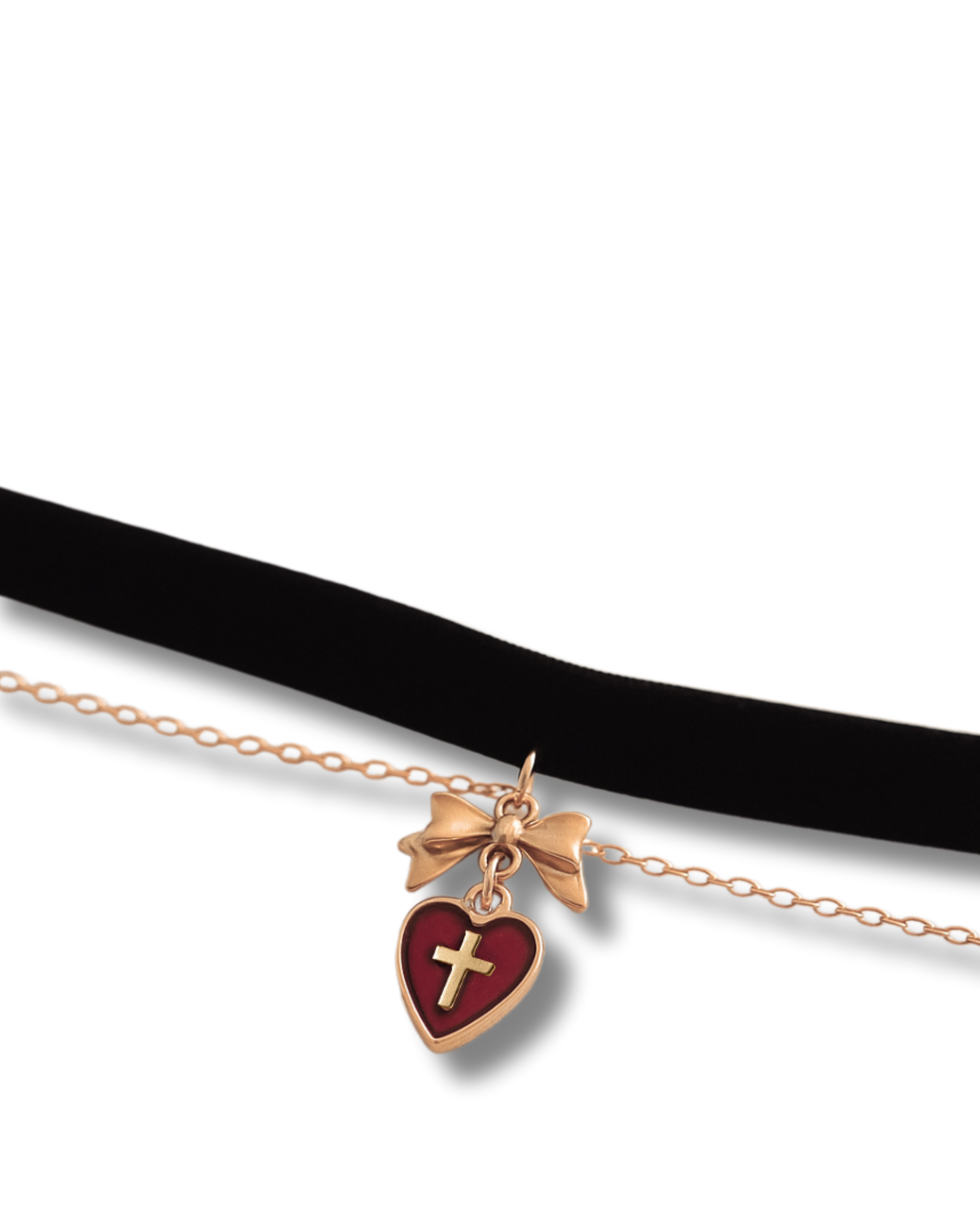 Black choker with a heart-shaped pendant featuring a cross on a white background