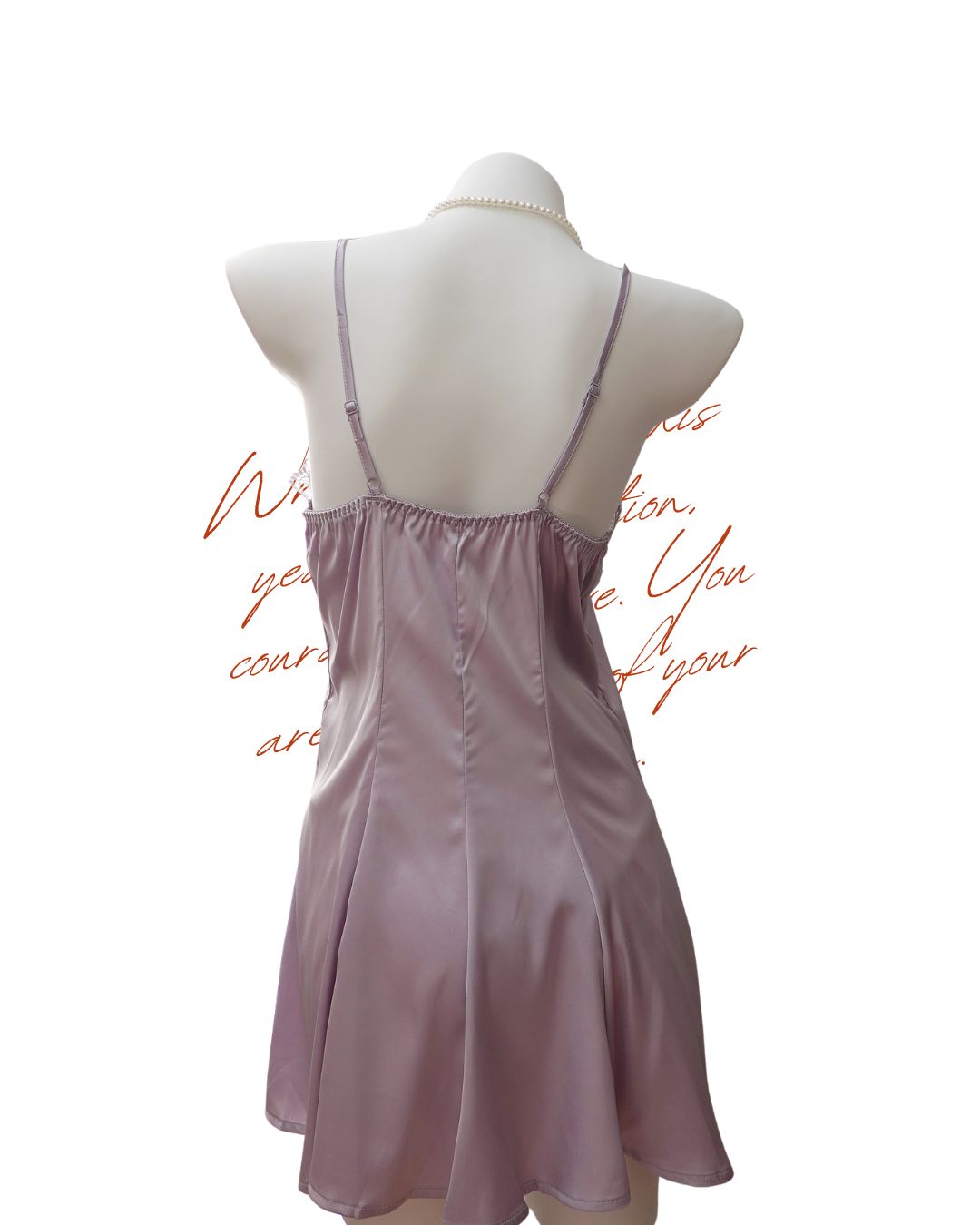Light purple satin nightgown on a mannequin with text on a white background