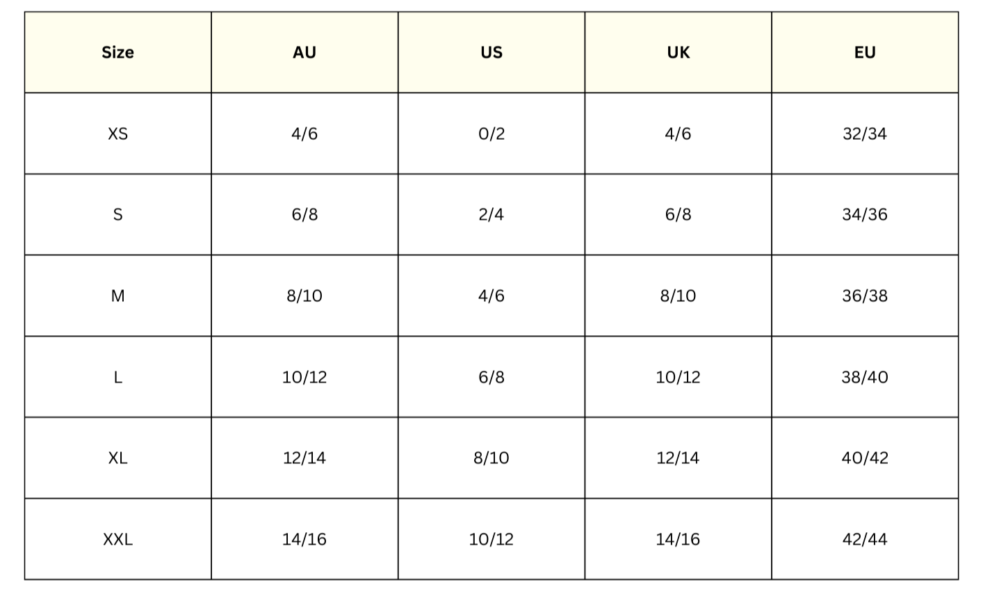 FairyBerry lingerie Size chart