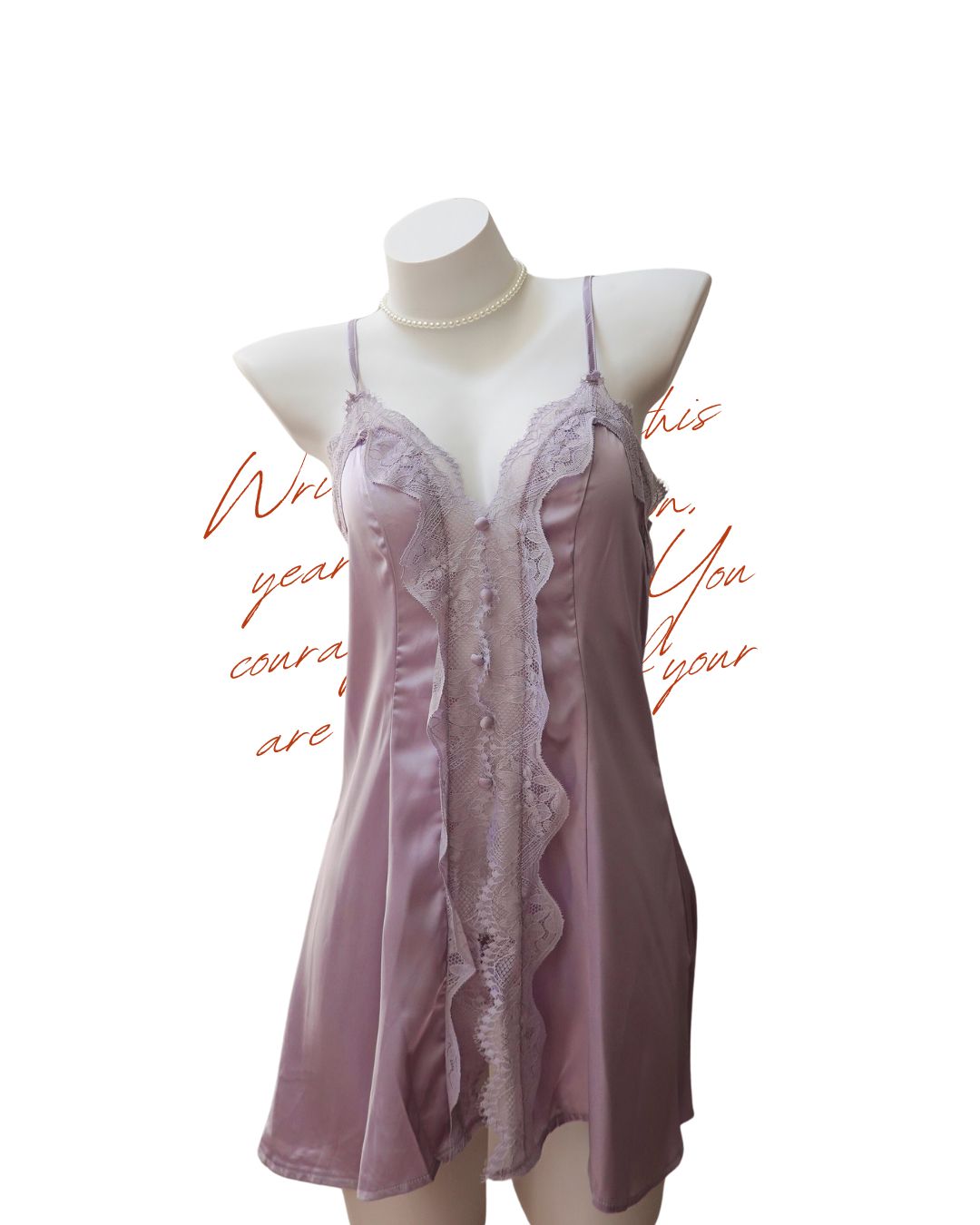 Purple lace nightgown on a mannequin against a white background with cursive text.