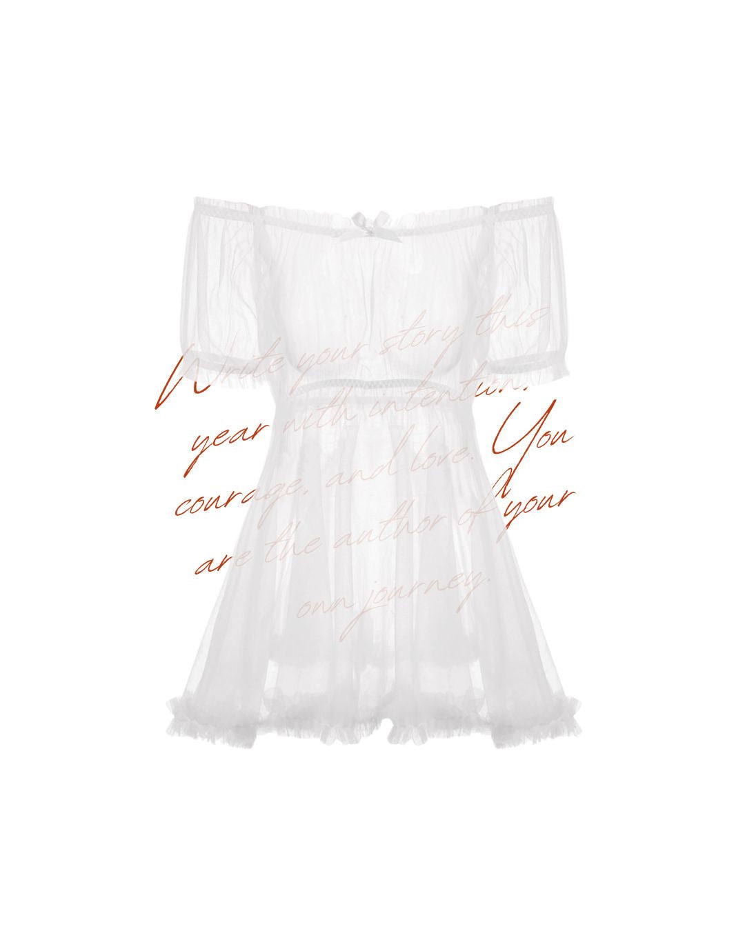 Sheer off-shoulder tulle top and thong set in soft white