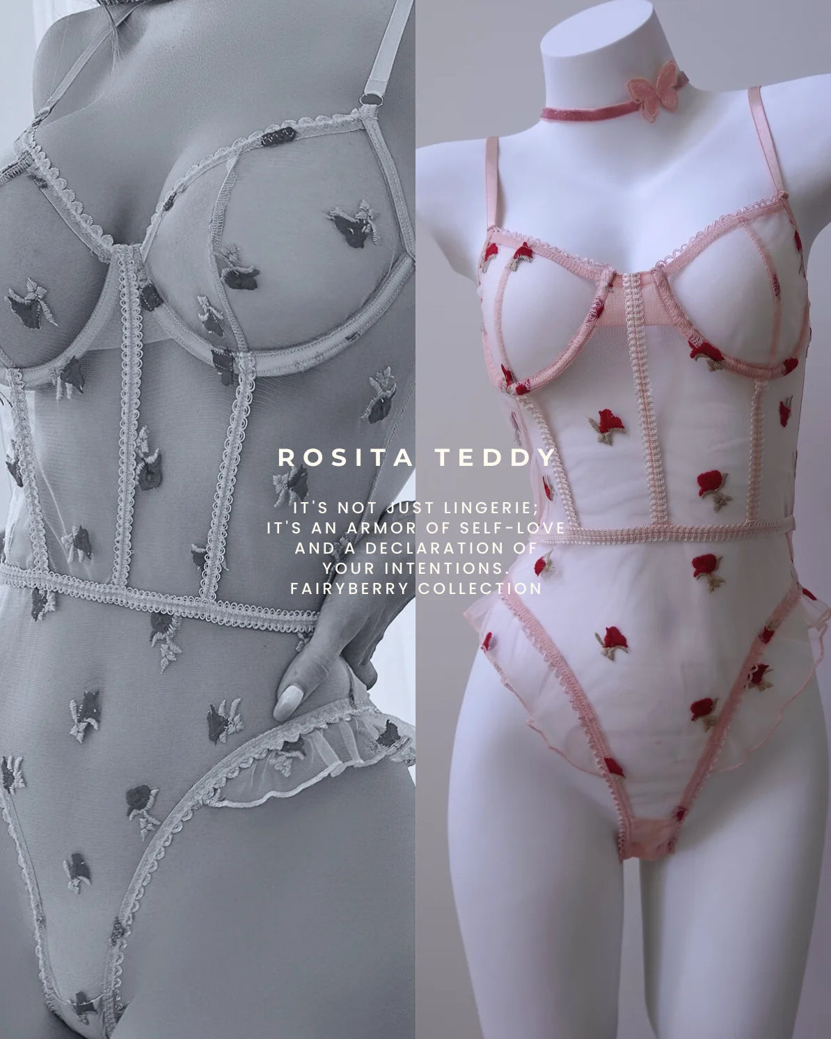 Pink mesh bodysuit with small rose embroidery – romantic and artistic design