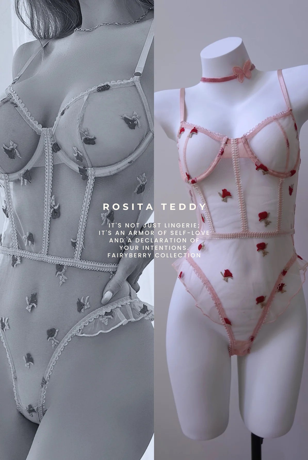 Pink mesh bodysuit with small rose embroidery – romantic and artistic design