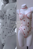 Pink mesh bodysuit with small rose embroidery – romantic and artistic design