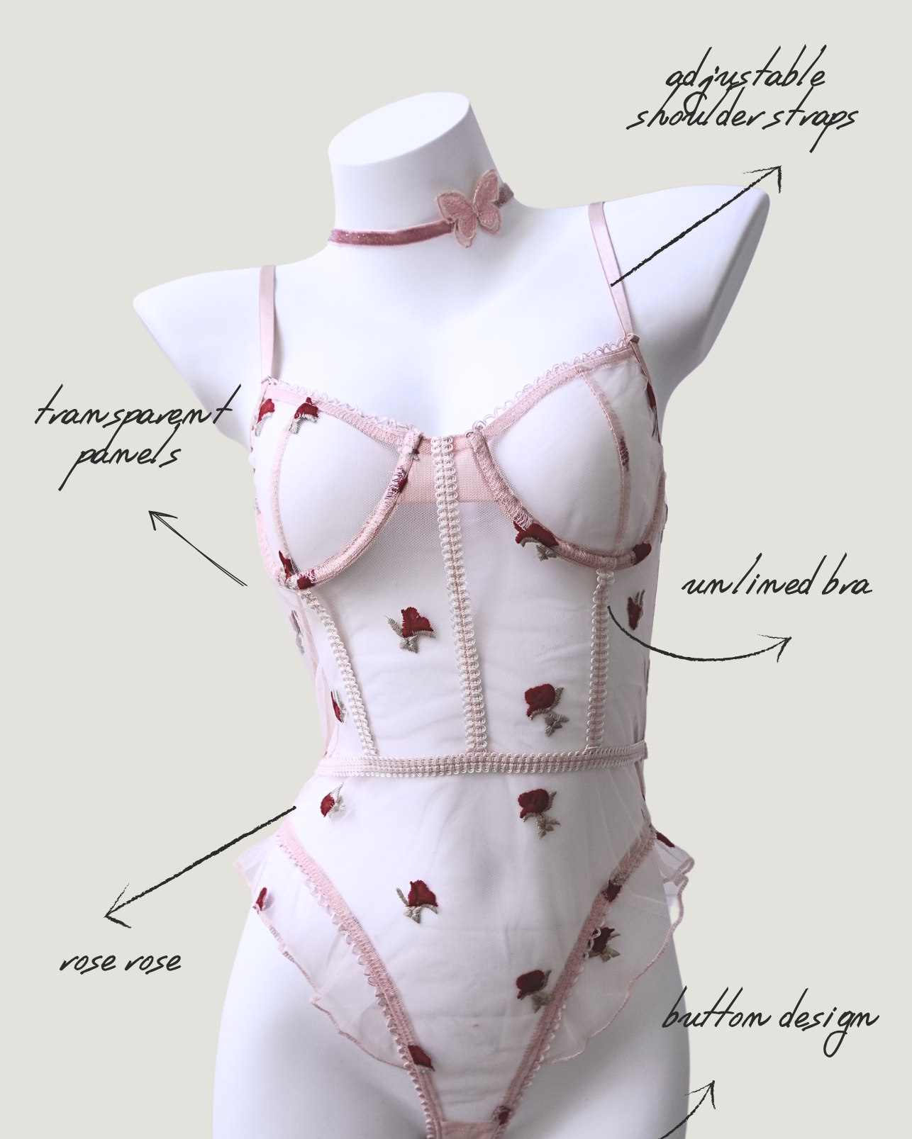 Pink mesh bodysuit with small rose embroidery – romantic and artistic design
