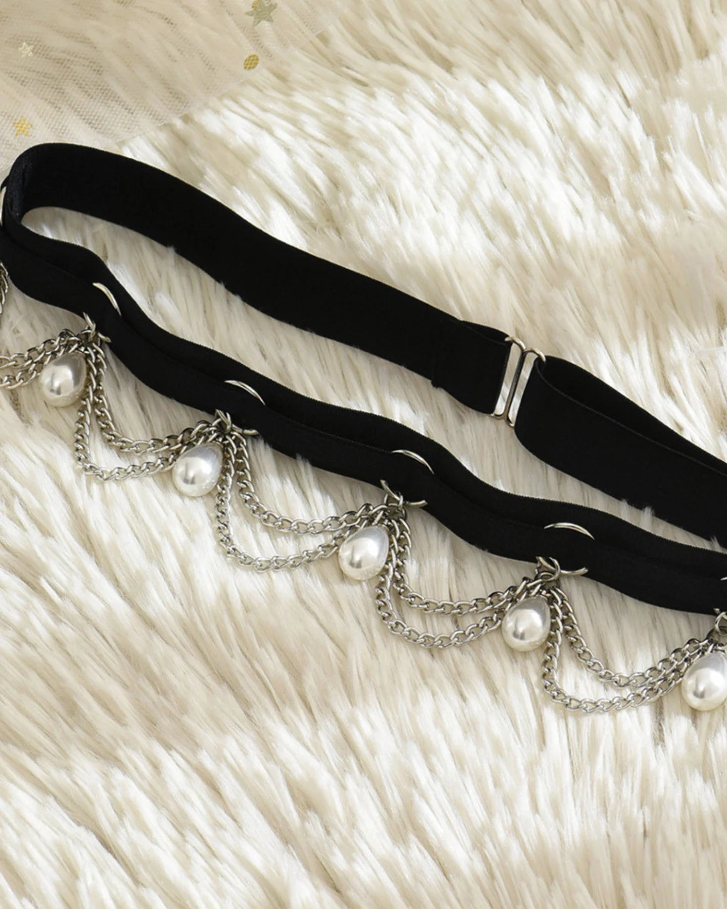 Black thigh strap with dangling silver rings, velvet finish and metal hardware – lingerie styling accessory by FairyBerry