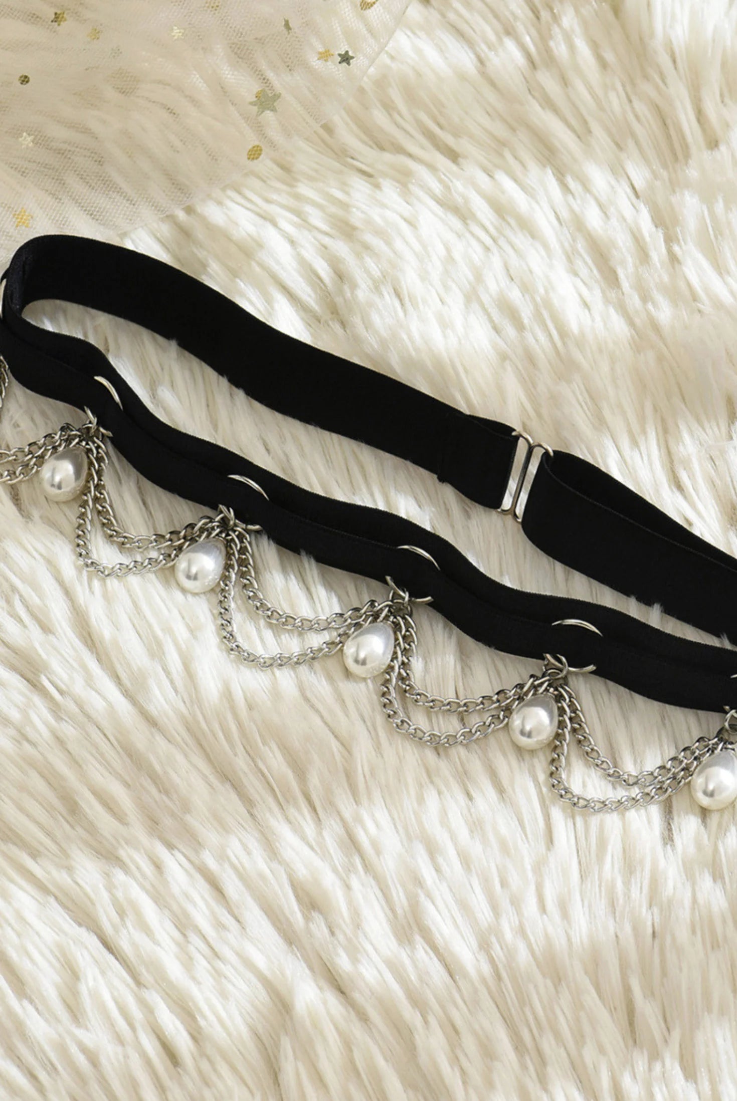 Black thigh strap with dangling silver rings, velvet finish and metal hardware – lingerie styling accessory by FairyBerry