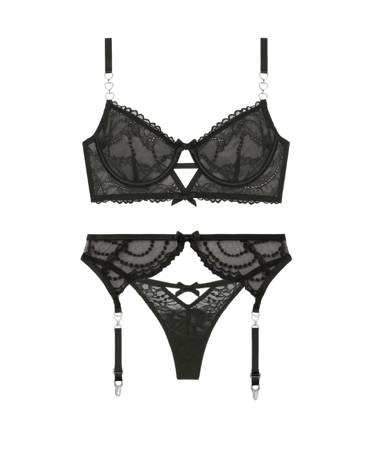 Black lace lingerie set on a white background