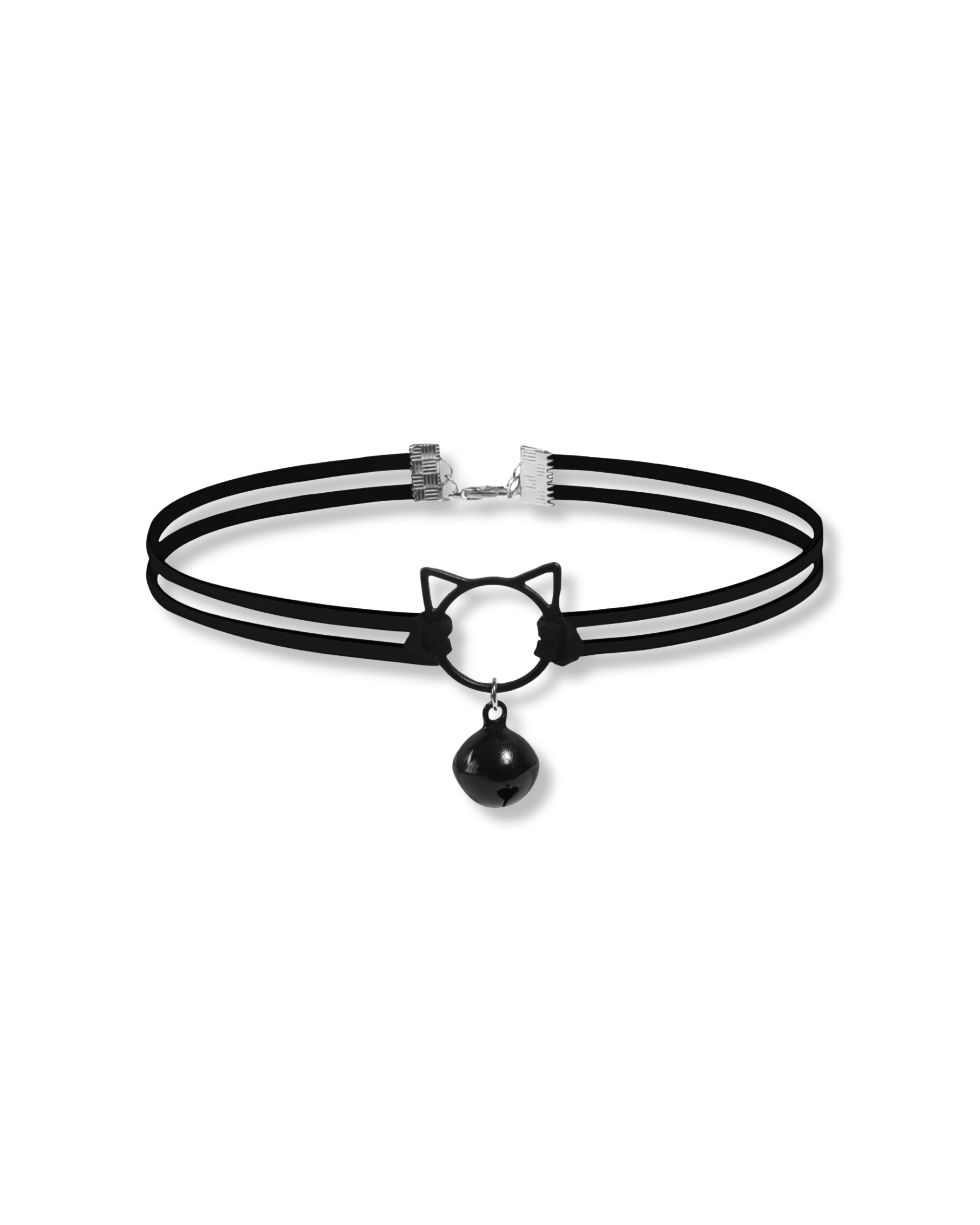 Double velvet straps with a sleek cat-ear ring and playful black bell. Adjustable fit, lightweight and full of attitude.