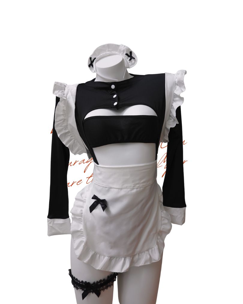 Black and white maid outfit lingerie with apron on a mannequin against a white background