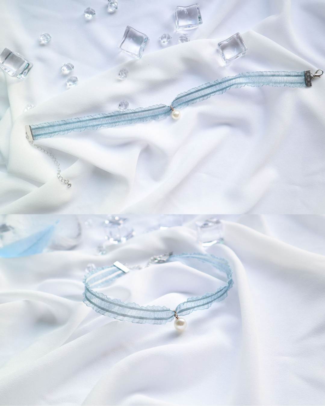sheer mint ribbon choker with hanging pearl pendant and gold-tone hardware – FairyBerry necklace detail