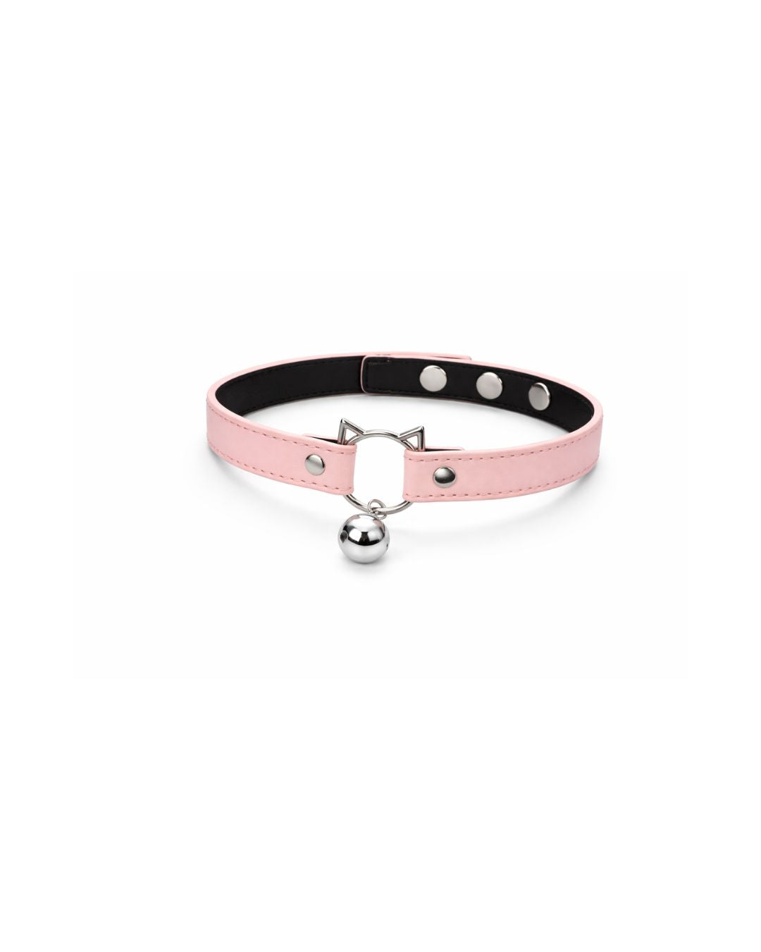 Pink choker with silver bell and studs on a white background