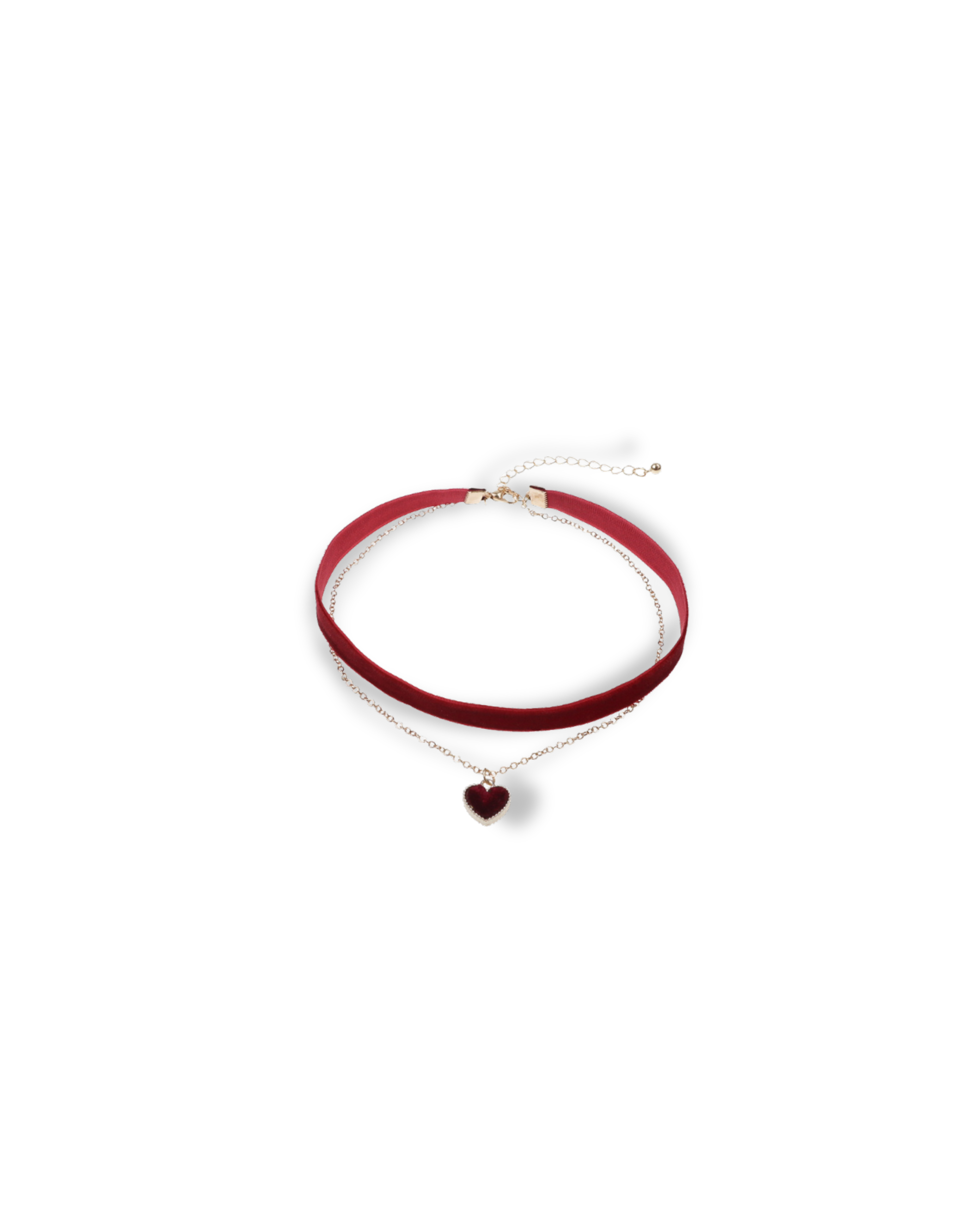 Red choker necklace with a heart pendant on a white background