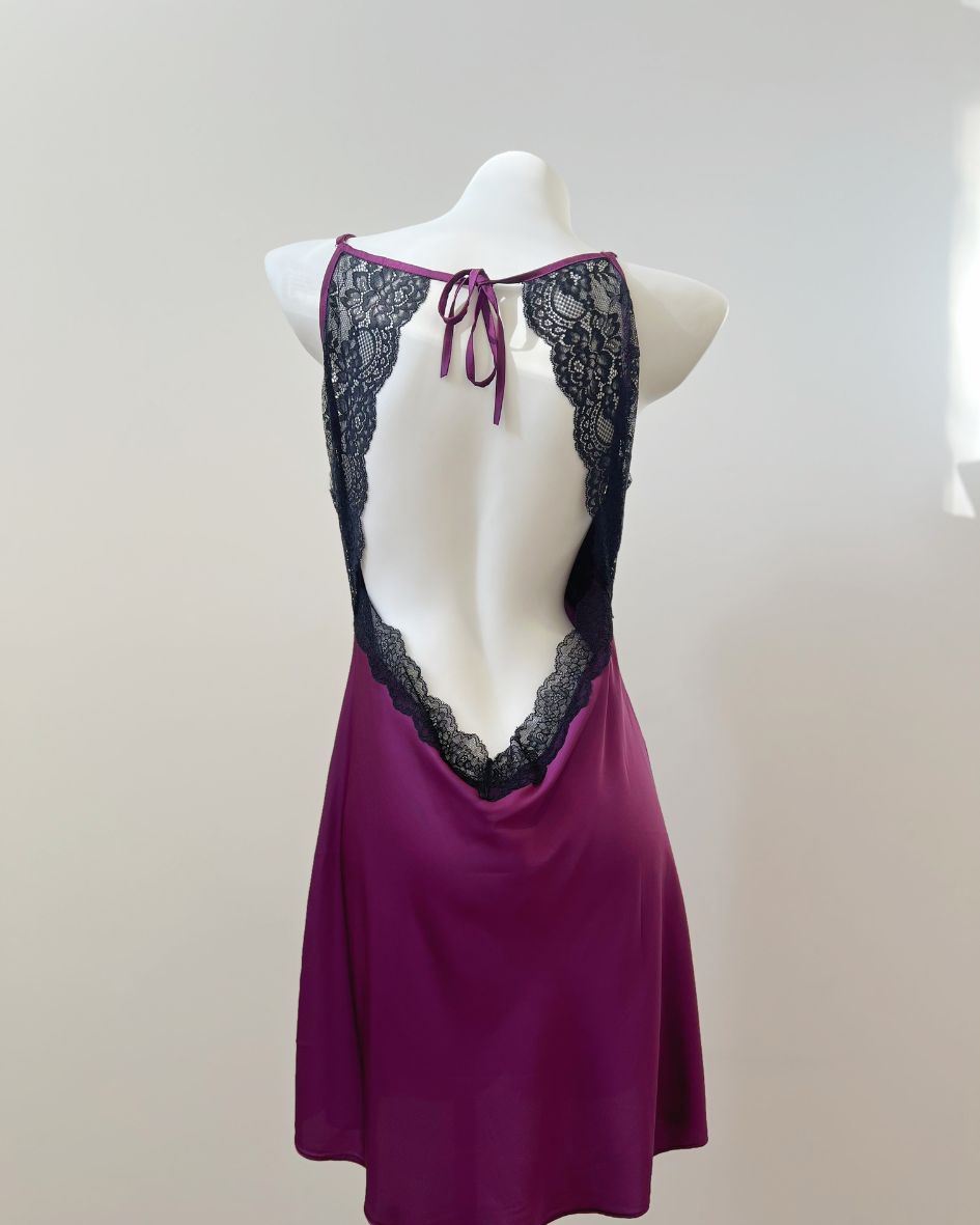 Back view of Crushed Berries nightdress , featuring deep open back and scalloped black lace trim.
