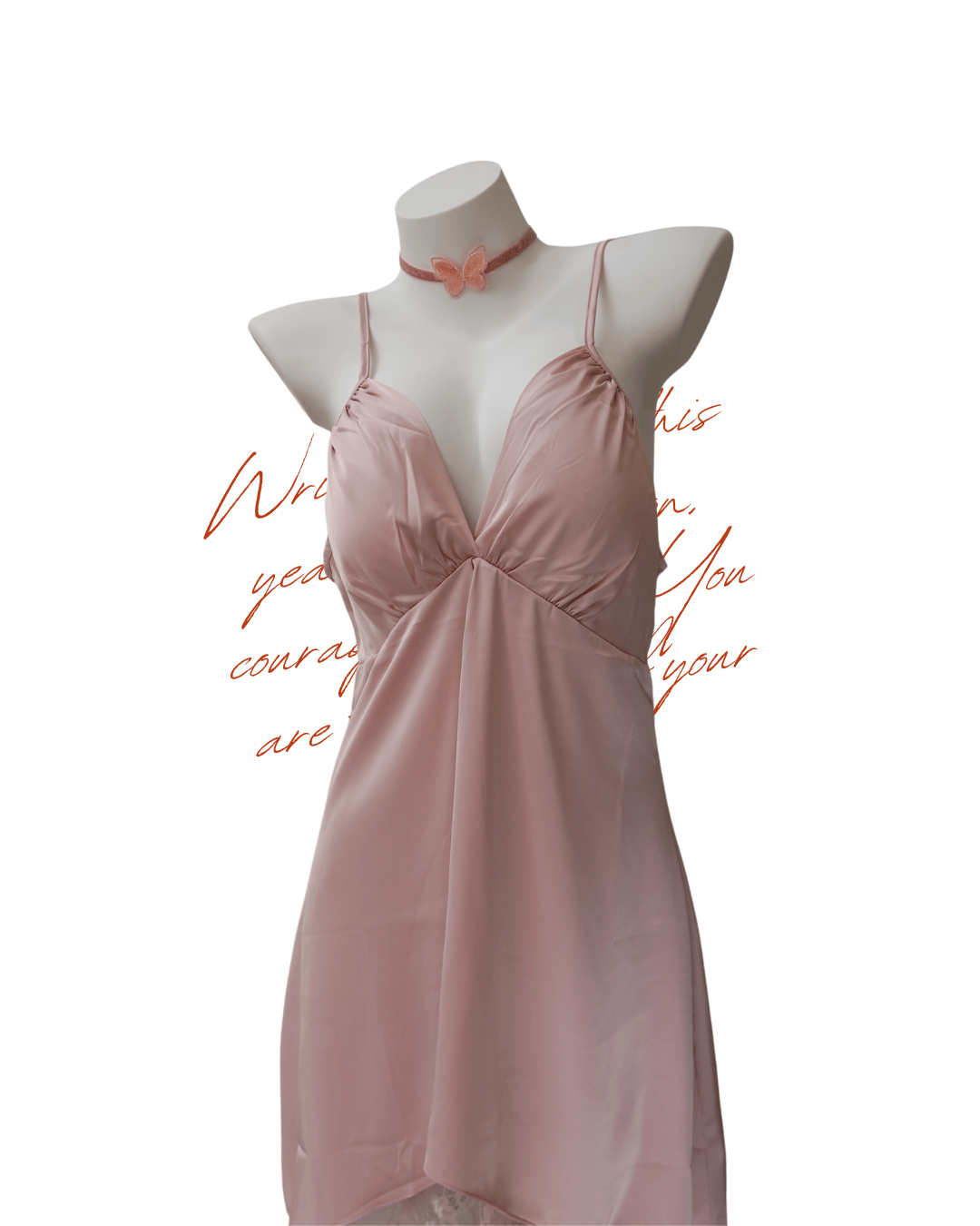 Front view of Sweet Surrender blush-pink satin nightdress with deep V-neck and delicate lace side panels.
