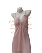 Front view of Sweet Surrender blush-pink satin nightdress with deep V-neck and delicate lace side panels.