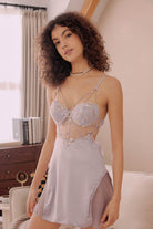 Front view of Tara Fleur Nightdress showing double shoulder straps, floral mesh bodice, and flowing lilac skirt.