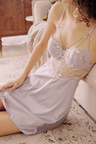 Side angle of Tara Fleur Nightdress highlighting sheer mesh panels, floral embroidery, and scalloped lace trim.