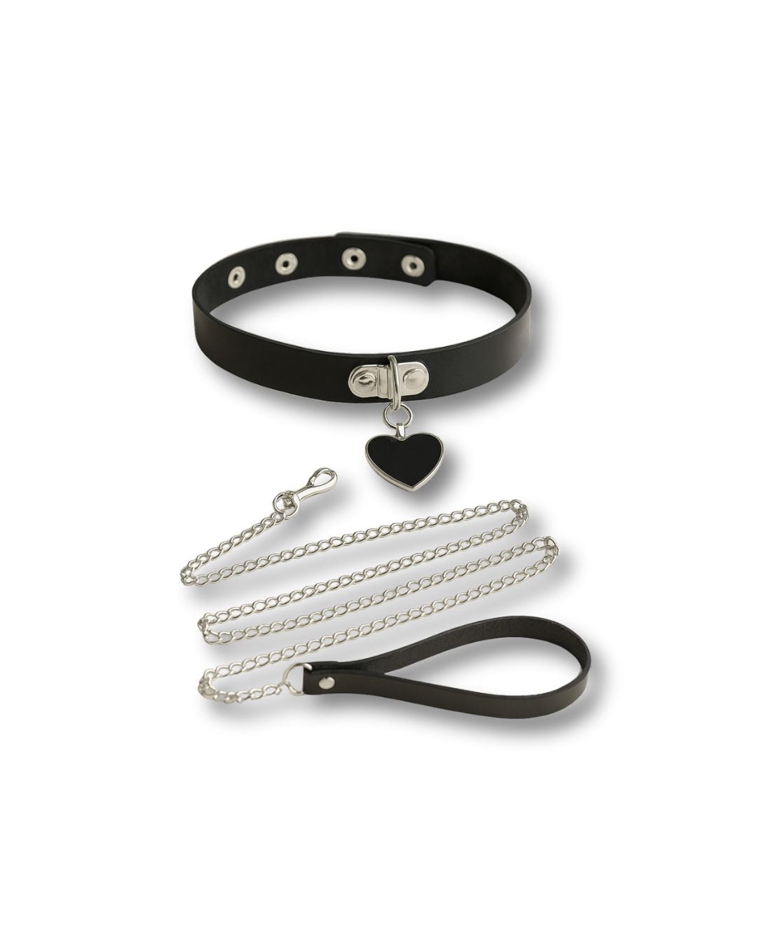 Black leather choker with heart pendant and silver chain on a white background