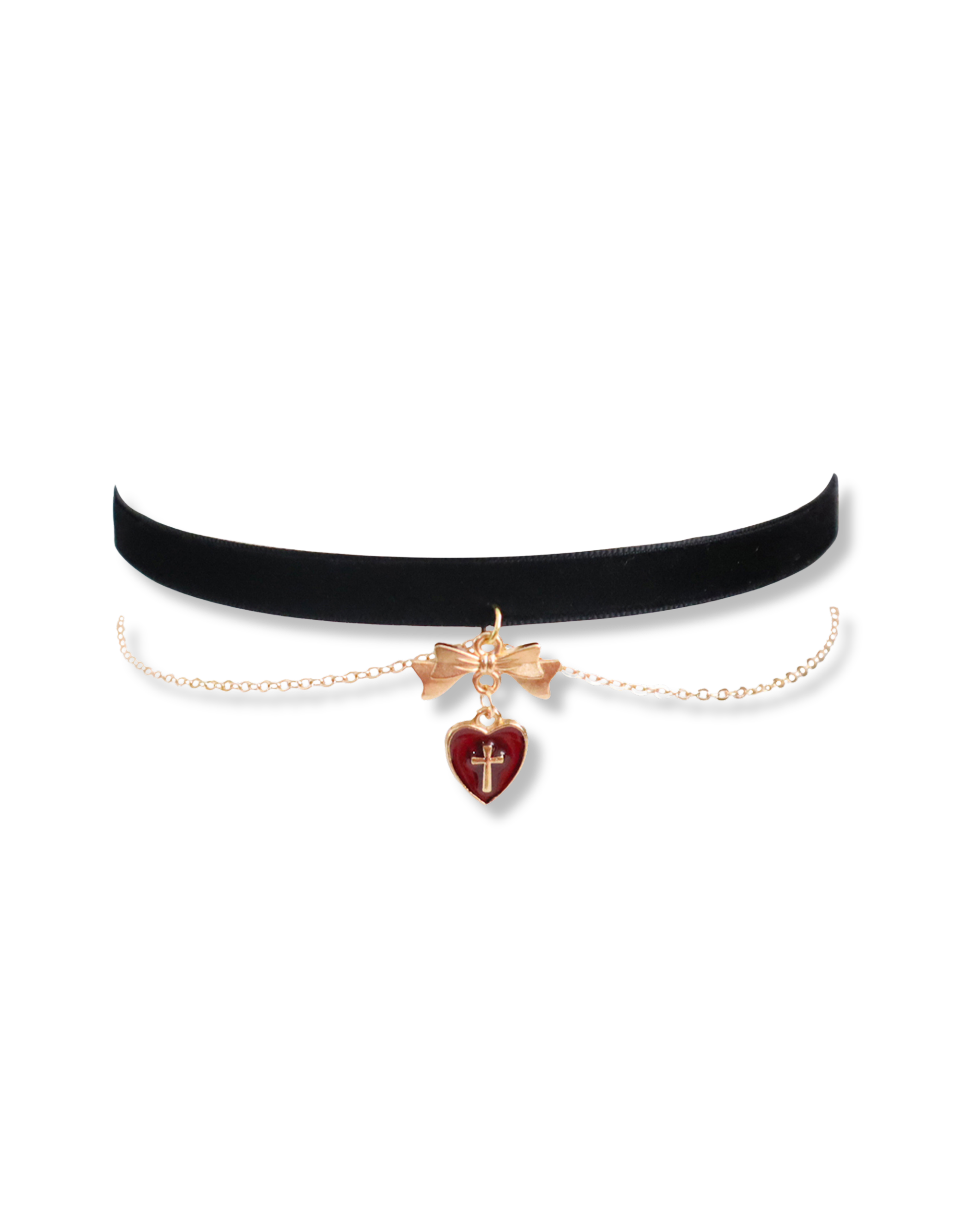 Black choker necklace with a gold chain and heart-shaped pendant on a white background