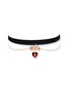 Black choker necklace with a gold chain and heart-shaped pendant on a white background