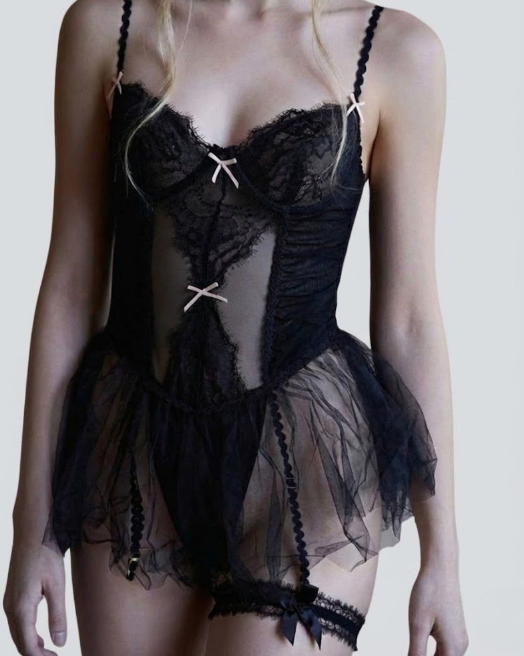 Black lace lingerie set on a plain background