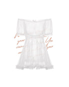 Sheer off-shoulder tulle top and thong set in soft white