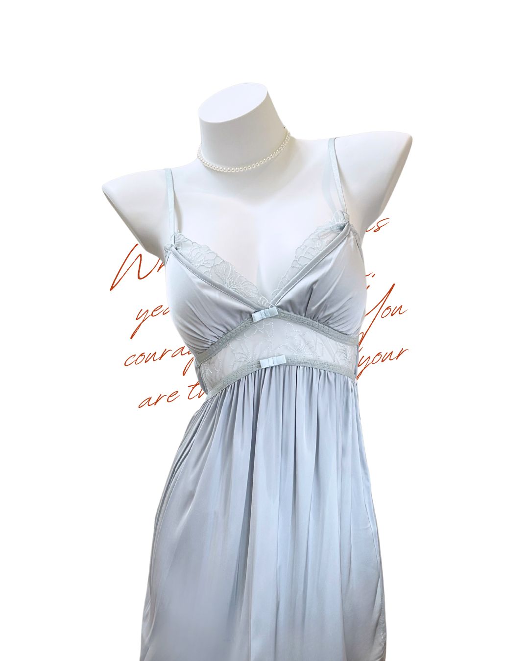Mistveil Babydoll in soft grey-blue, featuring lace-trimmed cups and high waist. Silky satin-touch fabric with a gentle flow.