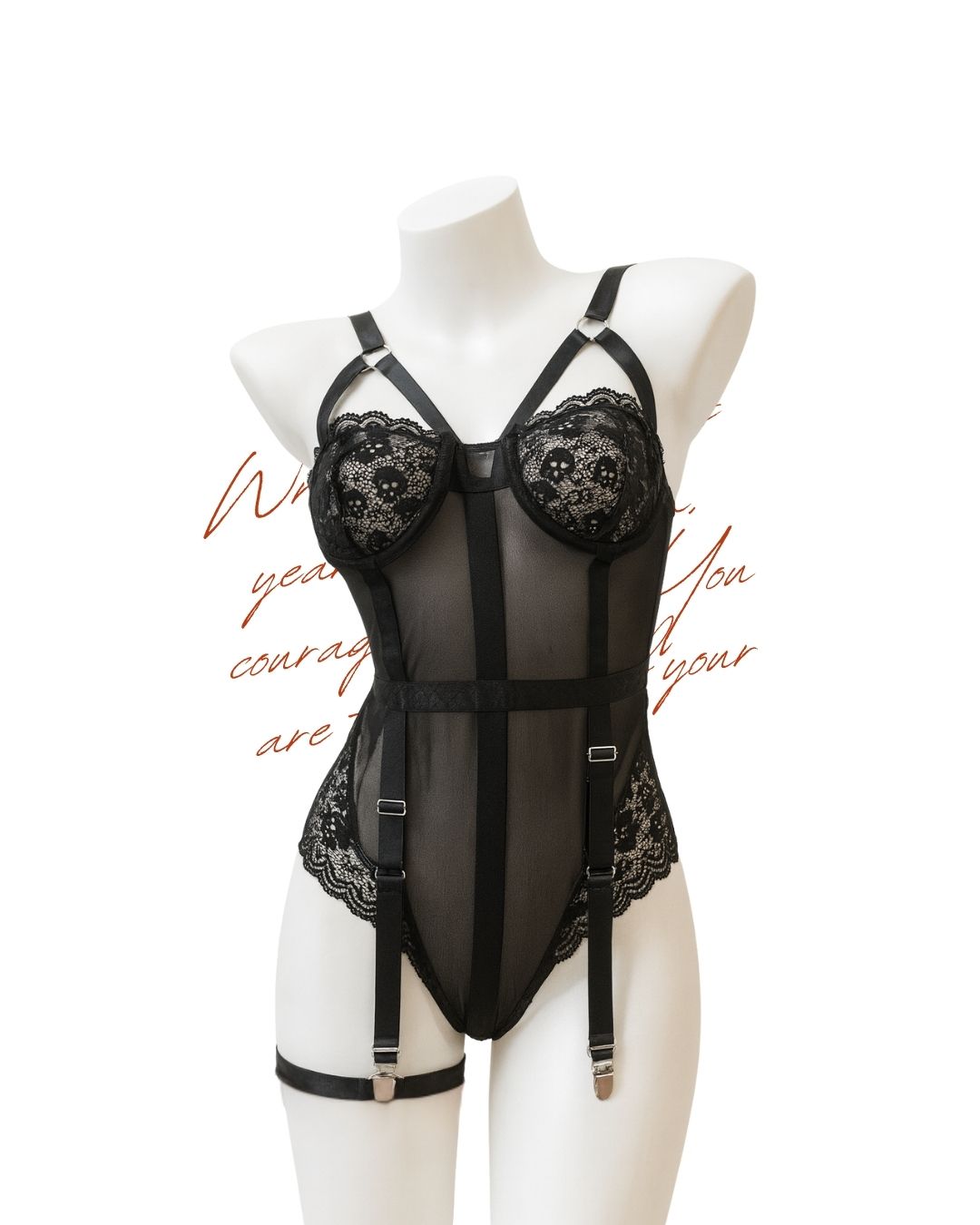 Black lace lingerie set on a mannequin against a white background with decorative text.