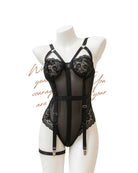 Black lace lingerie set on a mannequin against a white background with decorative text.