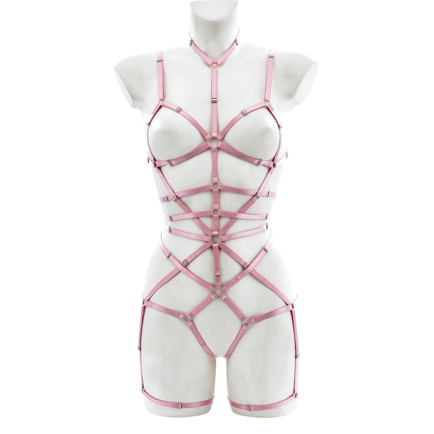 Full body view of pink bondage harness with multiple elastic straps, silver rings, and adjustable chest and leg loops – displayed on mannequin