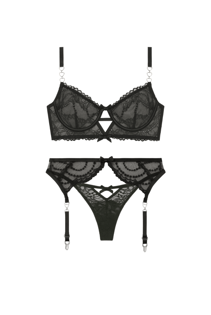 Black lace lingerie set on a white background