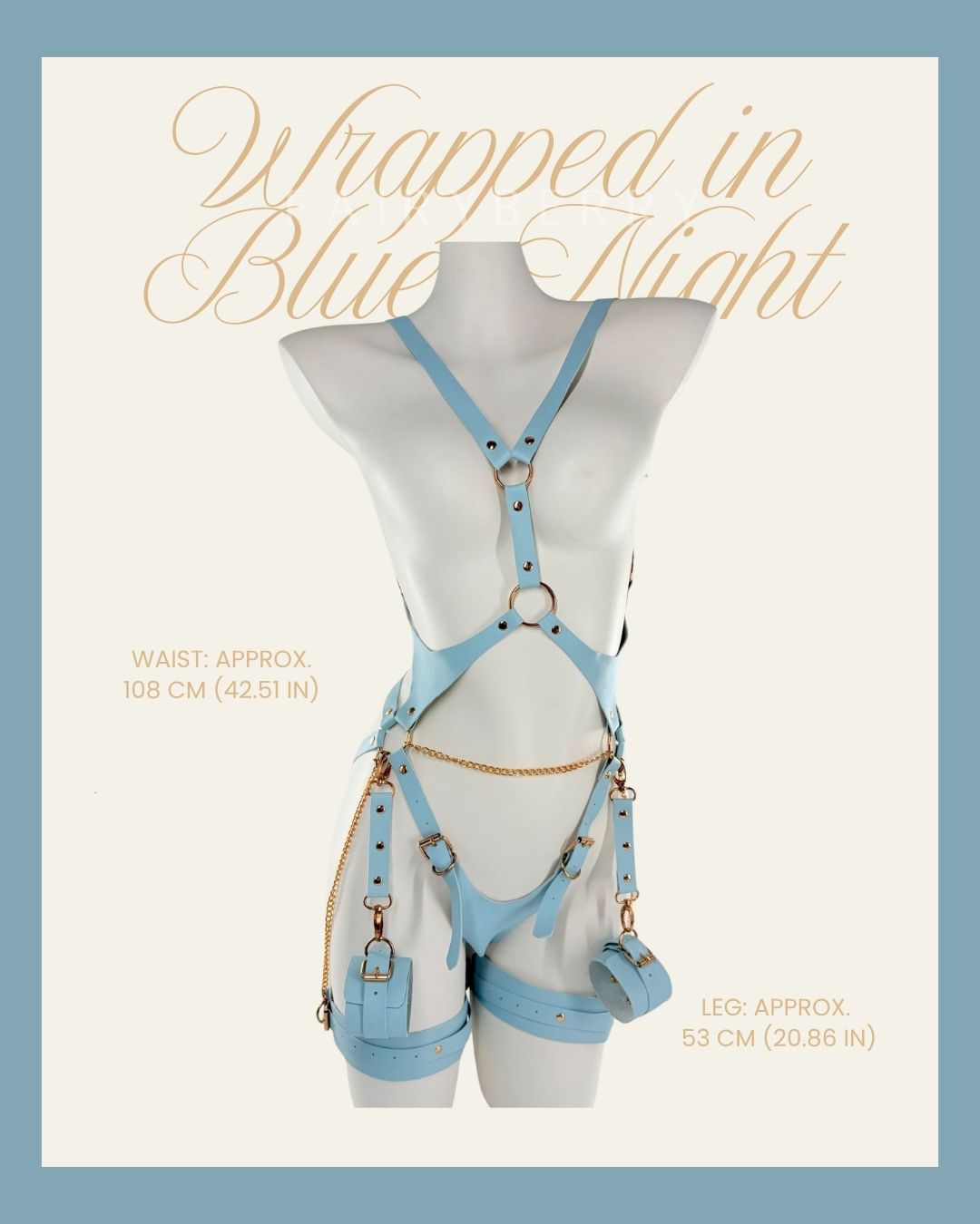 Soft sky-blue harness lingerie with gold accents and gentle cuffs, adjustable straps wrapping the body in a delicate front view. With sizing text.